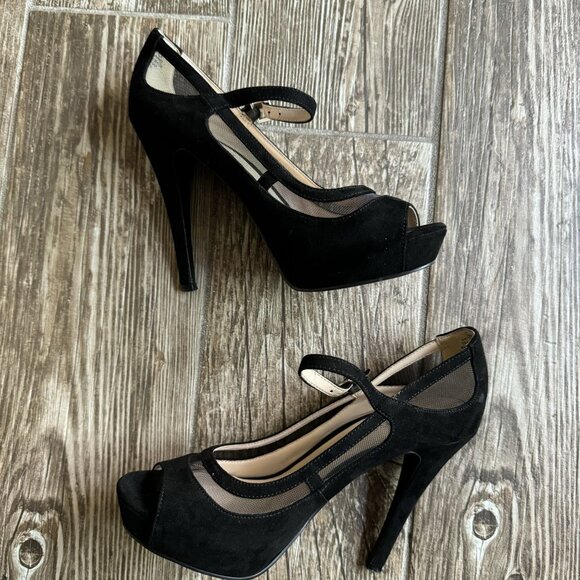 Nine West Platform Heels Women 6M Black Suede Mesh Mary Jane Y2K Fairy Sheer Toe - Picture 3 of 7